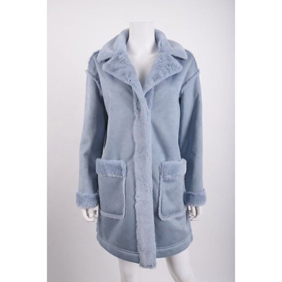 Badgley Mischka Womans Payton Jacket Coat Size S Dusty Blue Faux shearling Defec - Picture 1 of 6